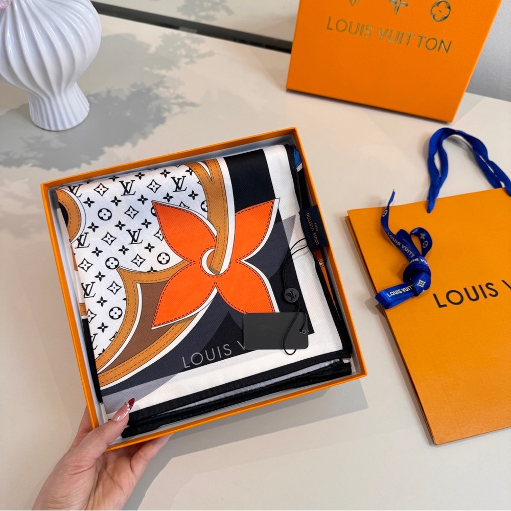 Louis Vuitton Silk Scarf with Bold Orange & Blue Geometric Monogram Print - Picture 7 of 8